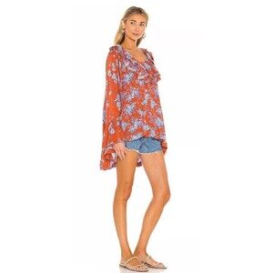 Free People Lorretta Printed oversized floral ruffles Tunic Top Blouse Size XS